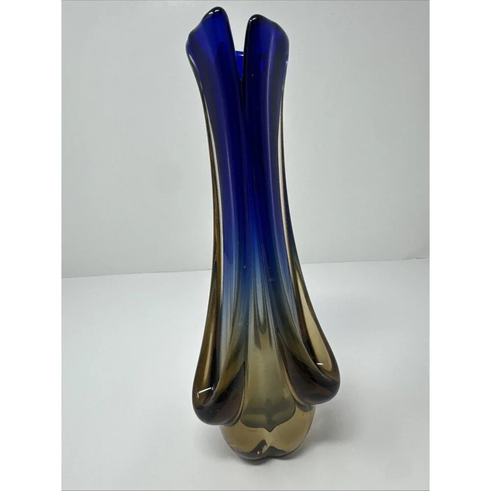 Vintage Murano? Style Sommerso MCM Blue & Amber Submerged Art Glass Vase